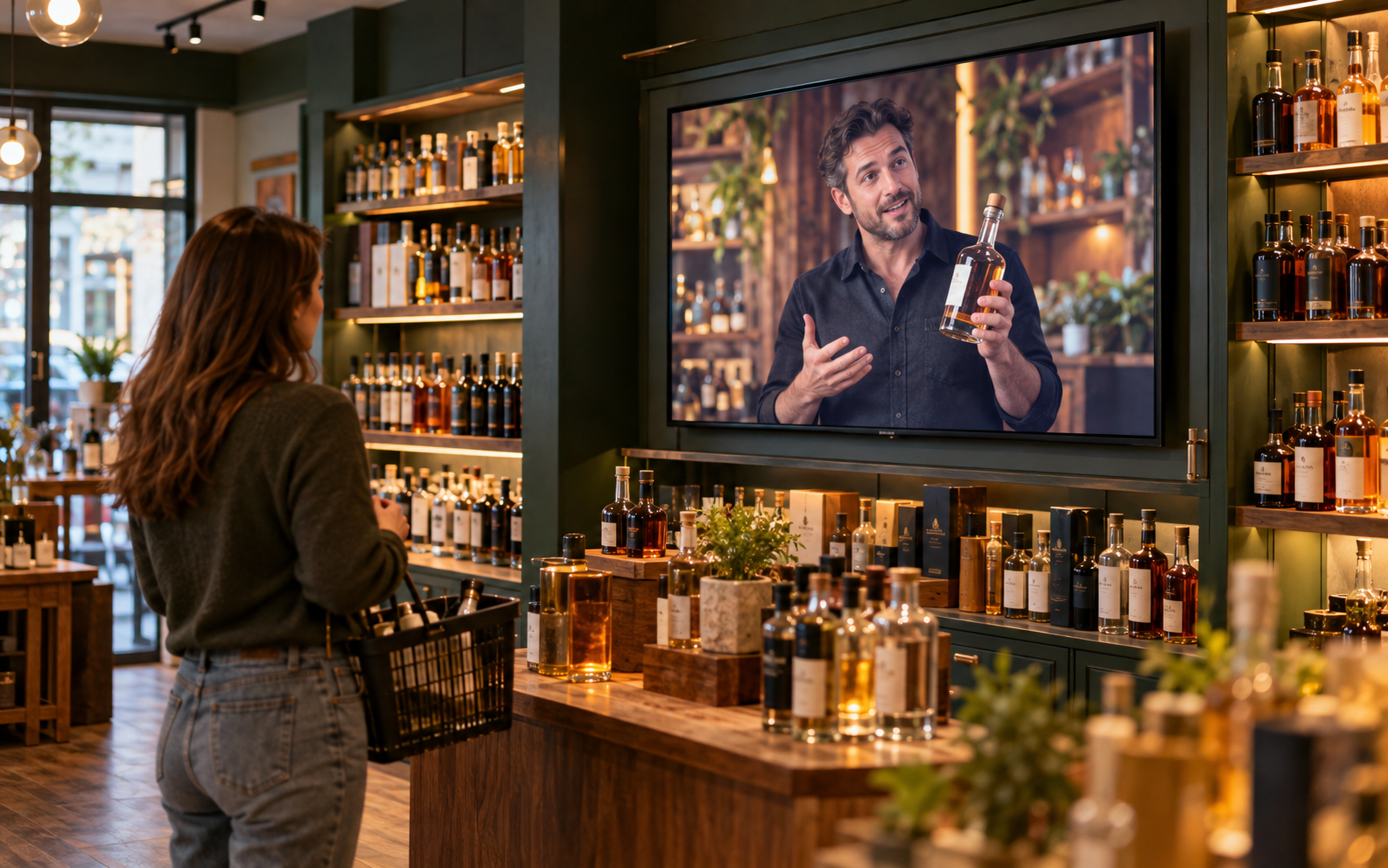 Concept illustration of creator content playing on a screen inside a retail store